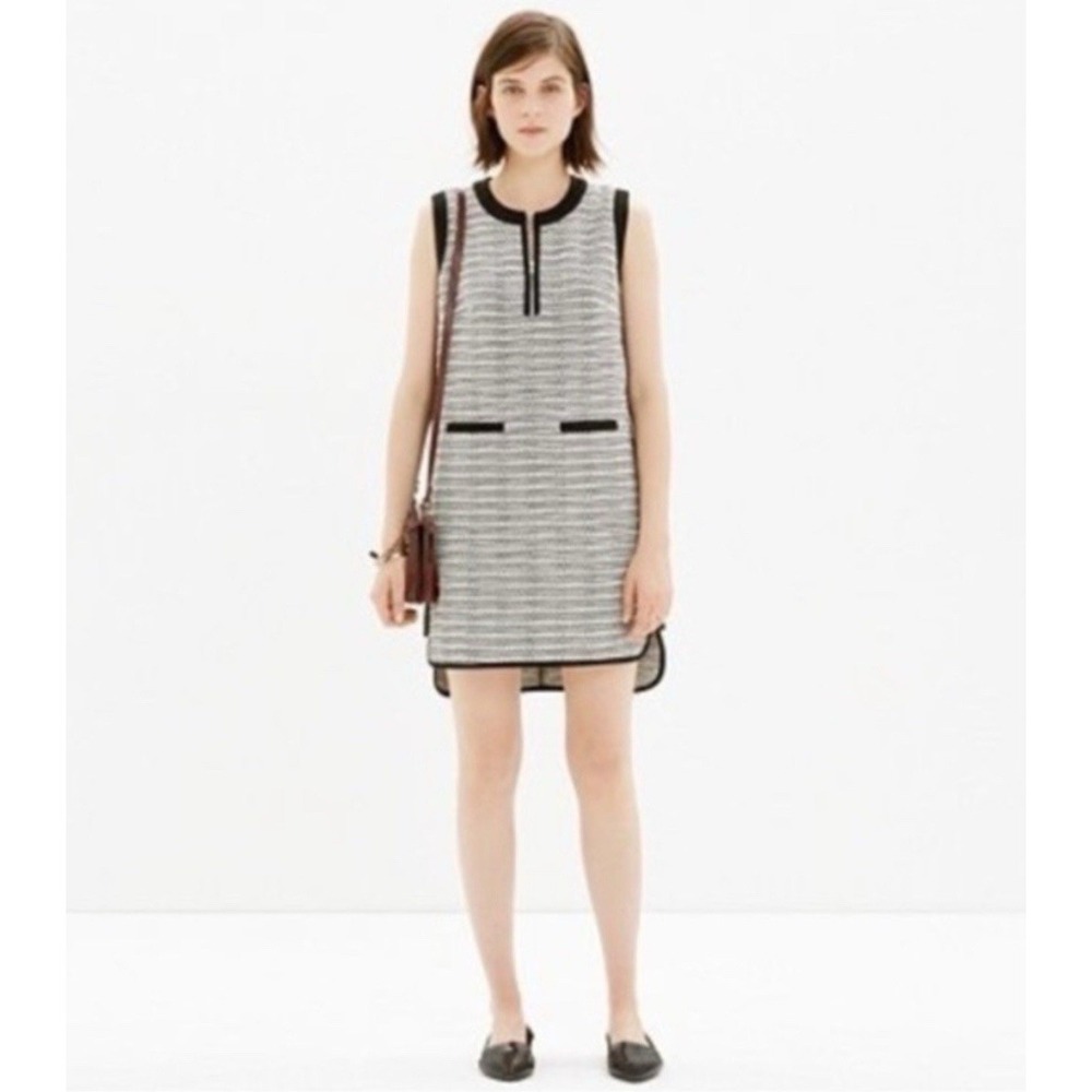 Madewell Tweed Black & White Shift Dress Lined Pockets 1/4 Zip Size 4